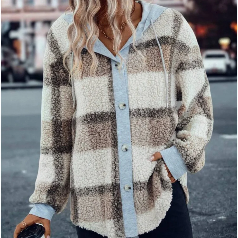 New plaid print hoodie Teddy jacket - Picture 1 of 8